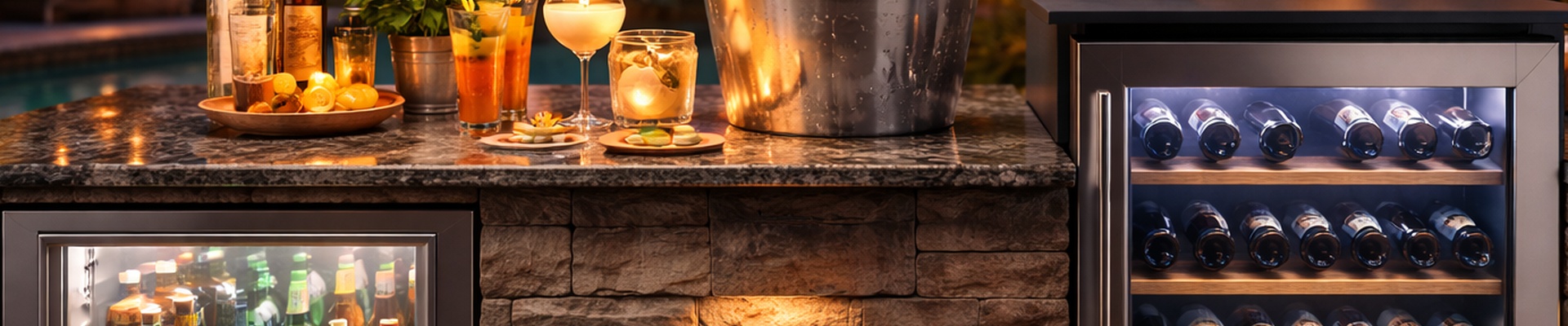 Refrigeration - Outdoor bar with beverage center, wine cooler, and cocktails at twilight
