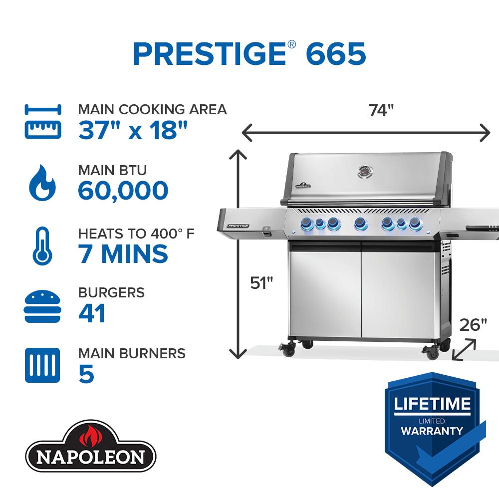 Napoleon Prestige 665 LP Gas Grill with Infrared Side and Rear Burners, SS